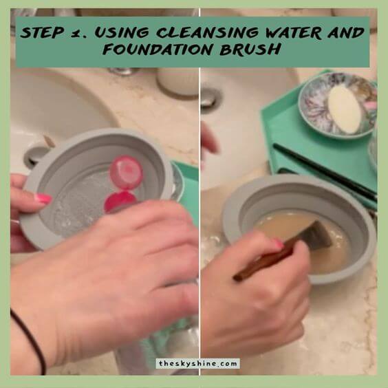 How to make a clean foundation brush Step 1. Using cleansing water and foundation brush First, pour cleansing water into a bowl suitable for the brush size and stir the foundation brush in the bowl.  Step 2, soap can be used to remove any remaining stains.