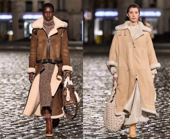 Fashion trend: Chloe fall winter women new items 2021 Shearling coat The organic colors of the shearling coat and knit dress give you a cozy and soft feeling that you can wear even in cold autumn and winter.