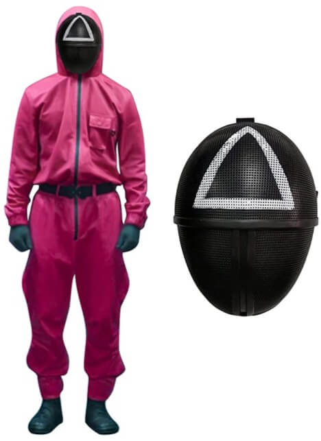 Halloween costume: Squid game pink soldiers Full Body One Piece Suit with Gloves Belt Mask