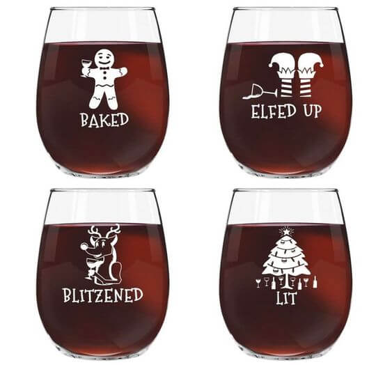 The 7 Best Christmas drinking Wine glasses Christmas Stemless Wine Glasses DU VINO Stemless Wine Glasses looks funny Christmas Themed 4 Designs. And perfect for drinking with friends or relaxing in front of a cozy sofa or just admiring the Christmas tree.