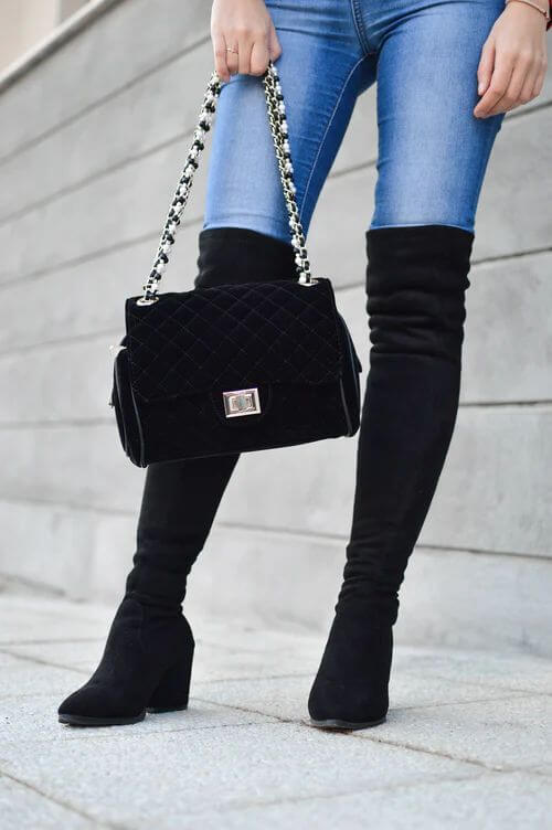 Thigh-high boots: How to wear long boots to match FW 3. Blue & White jeans
