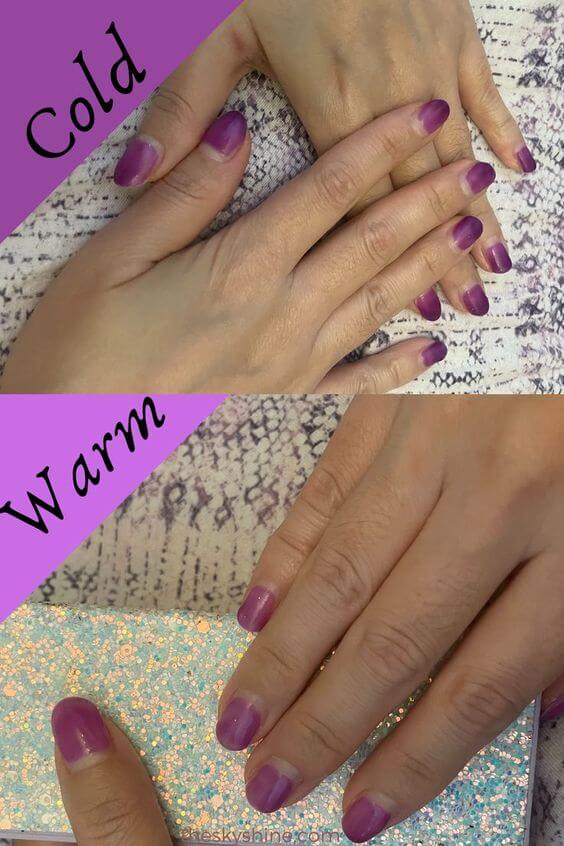 Temperature Color Changing Violet gel nail Tutorial Step 5.  Apply top gel nail polish, and nail lamp