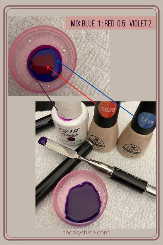 Temperature Color Changing Violet gel nail  Tutorial 
Step 2. Mix blue and red (Temperature Color Changing Gel Nail Polish) + violet (normal nail gel Polish)