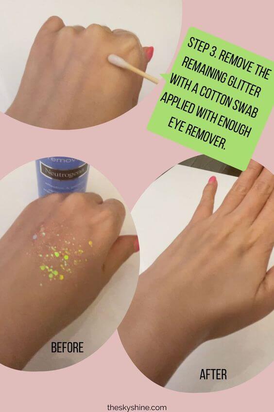 How to remove glitter eye makeup without irritation? Step 3. Remove the remaining glitter with a cotton swab applied with enough eye remover.