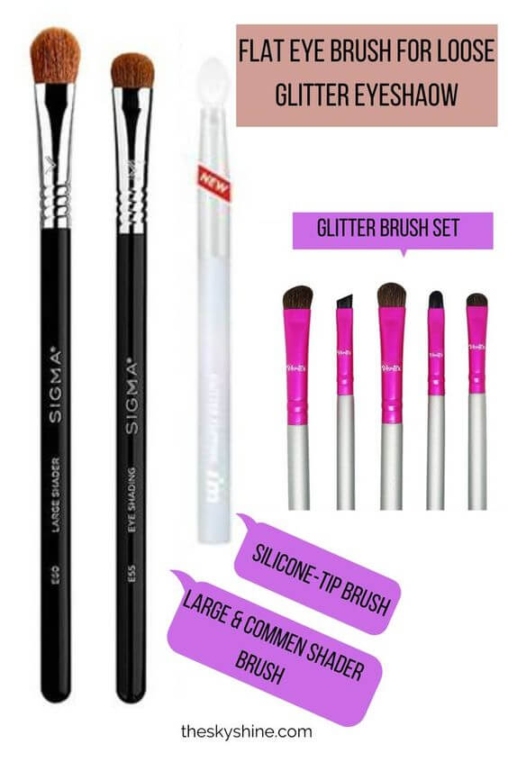 How to apply Loose glitter eyeshadow powder with lip gloss 1. How to choose makeup product, flat eye brush, Choosing a flat eye brush when choosing a brush helps you apply it to the desired area when applying it to the eyelids. 