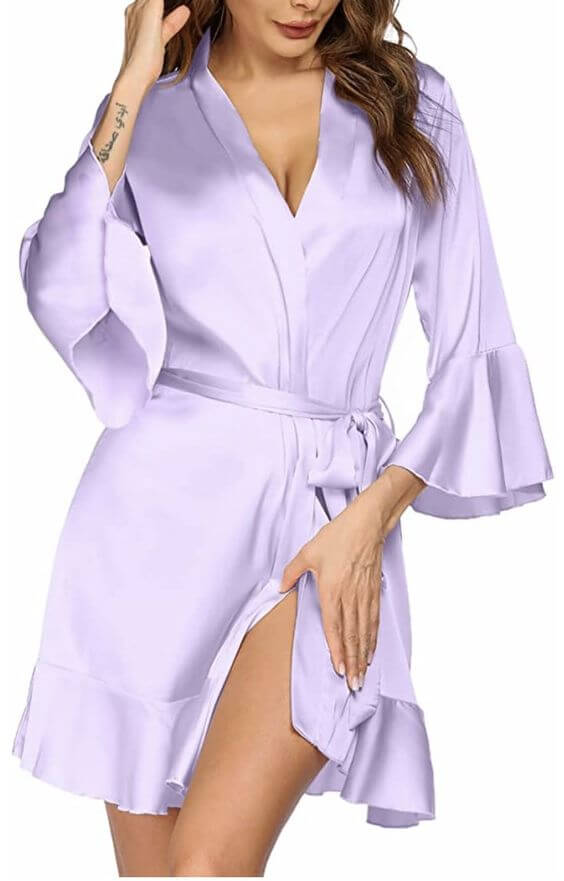 12 Best Getting Ready Bridal Wedding Robe 2022 Hotouch Women's Satin Robe Pure Color Short Kimono Robes Ruffle Hem Oblique V-Neck Bridesmaid Wedding Party Bathrobe 