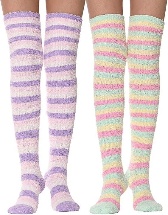 Womens Thigh High Fuzzy Socks Over Knee High Striped Stocking Stuffers Fluffy Cozy Slipper 