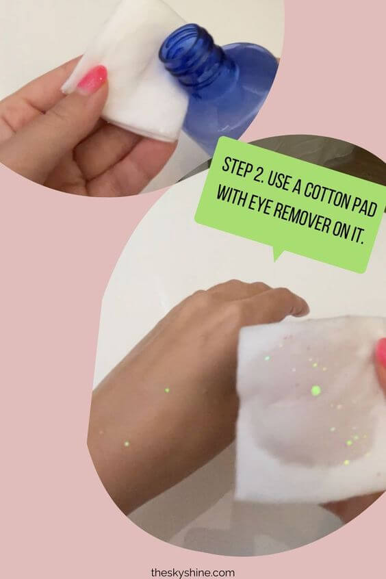 How to remove glitter eye makeup without irritation? Step 2. Use a cotton pad with eye remover on it.