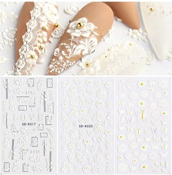 Nail Art Stickers White Flower 3 Sheets