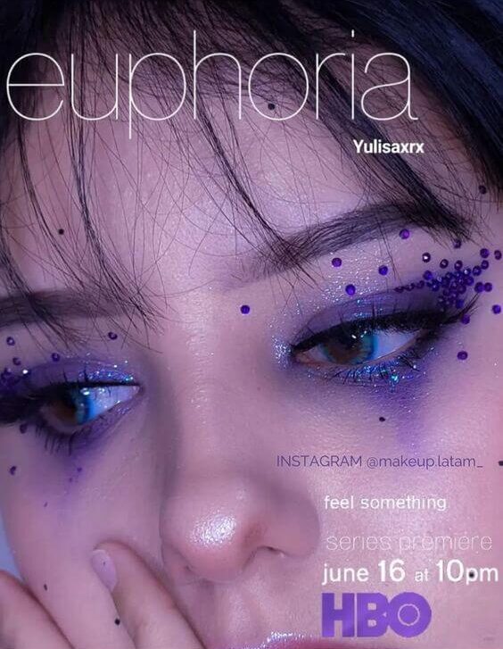 5 Best Crystal Eye Makeup for Party & Festival 2022  3. Euphoria eye makeup  Dreamy euphoria eye makeup attracts your attention. You can also use violet to convert to a different image than usual.