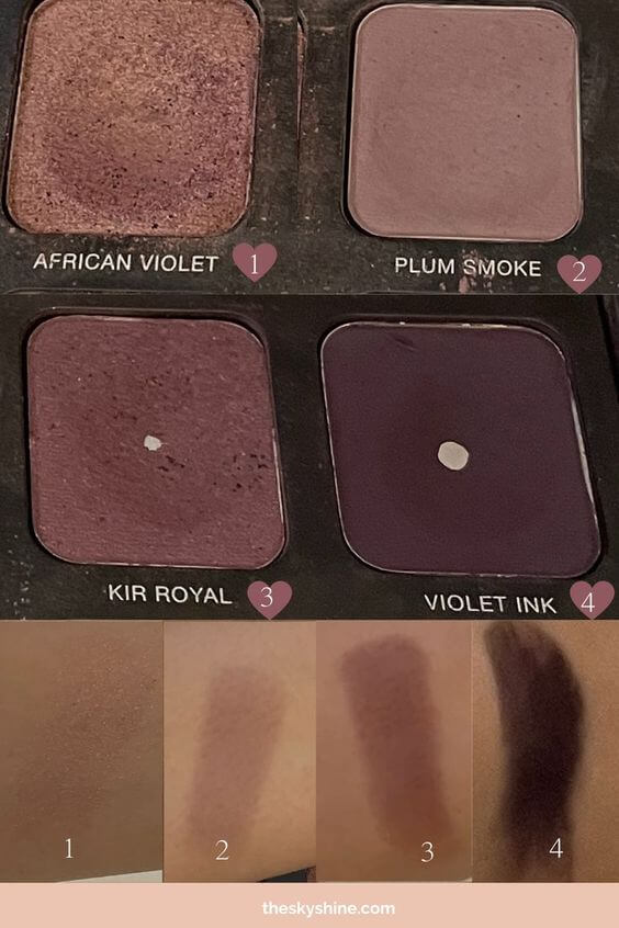 Laura Mercier Artist's Palette Review: 12 Eyeshadow 3. Purple and Violet Shade African violet (violet copper luster), Plum smoke (smokey amethyst with a matte finish), Kir royal (deep aubergine satin finish) and Violet ink ( very dark violet with a matte finish). 