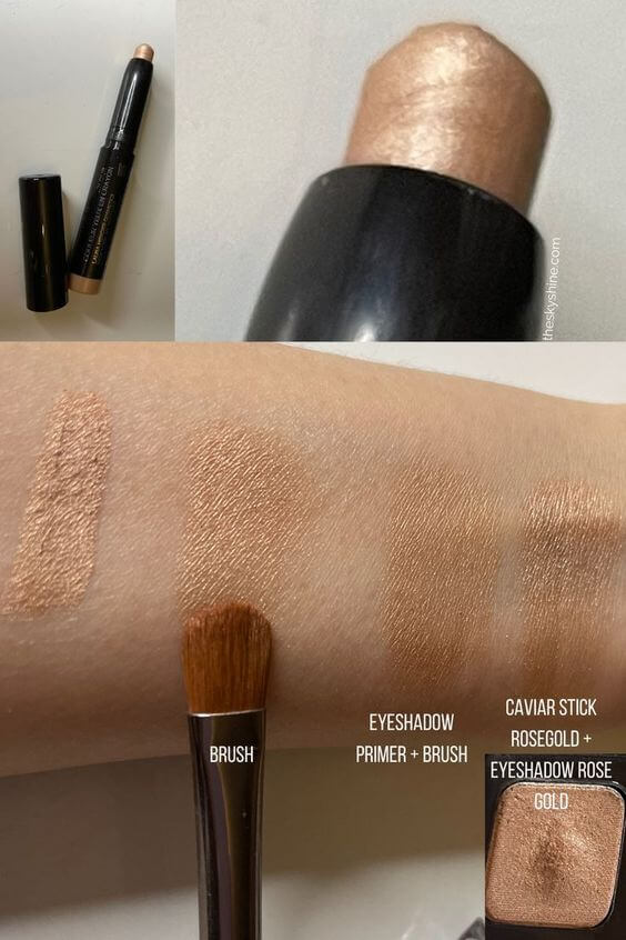 Laura Mercier Caviar Stick Rosegold Review 1. Color Rosegold is a subtle warm golden undertone, very light reddish brown color with a shimmer finish. 