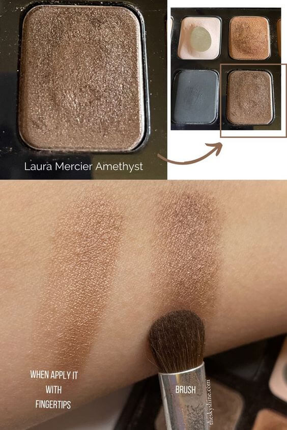 Eyeshadow:Laura Mercier Amethyst Review 1. Color Laura Mercier's eyeshadow amethyst is generally a warm brown undertone. In detail, it is a medium taupe once applied, and when layered, it's a deep Mauve With Hidden Pear.