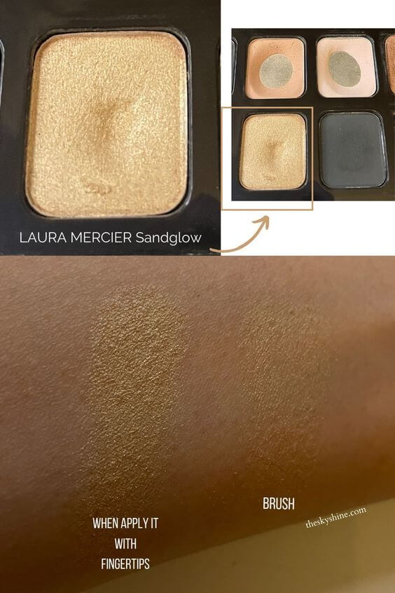 Eyeshadow: LAURA MERCIER Sandglow Review 1. Color Laura Mercier Eyeshadow Sandglow is a light transparent yellow with a frost finish. It's a product that gives a natural luster on the eyelids and under the eyes after use. 