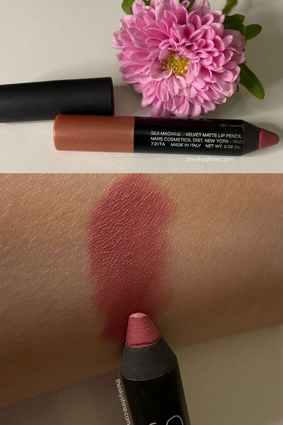 Nars Velvet matte lip pencil Sex machine Review 1. Color The Nars sex machine is a pink mauve with a subtle pearl finish. The lips are instantly saturated with rich pigments and velvet-like matte finish without dry. 