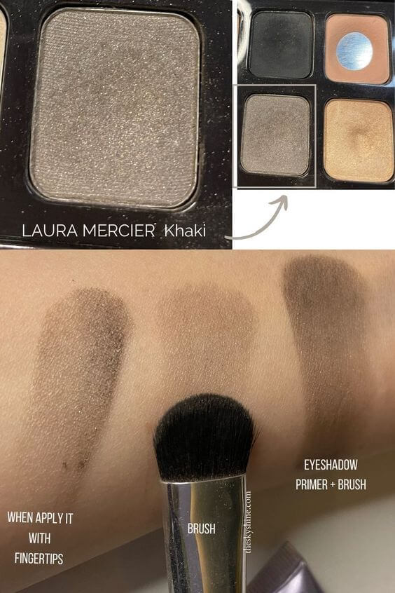 Eyeshadow: LAURA MERCIER Khaki Review 1. Color LAURA MERCIER Eyeshadow Khaki is a warm dark green with bronze pearl. It applies well, smooth and is rich pigment. 