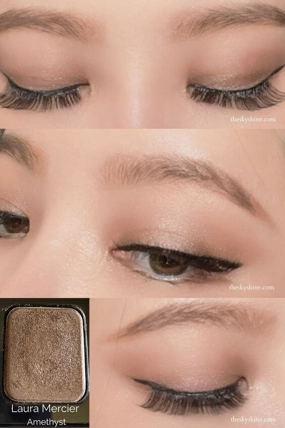 Eyeshadow:Laura Mercier Amethyst Review 2. How to use Makeup using one eyeshadow Atmospheric eye makeup, The eyeshadow amethyst is a dark color, so the most amount of eye shadow on the double eyelid line is applied first, and the color becomes soft and natural when applied all over the eyes.