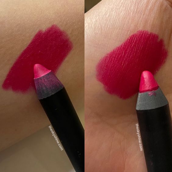 Nars lip pencil Let's go crazy Review 1. Color, Let's go crazy is vivid reddish pink with a velvety matte finish. It provides rich, vivid pigments for 6 hours. So it's important to remove the lip makeup.