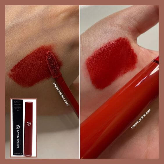 Giorgio Armani Lip Maestro 415 Redwood Review 1. Color  Giorgio Armani Lip Maestro Liquid Lipstick 415 Redwood is a warm red with a velvet matte finish. And the creamy texture applies smoothly, blends easily, and is not sticky.
