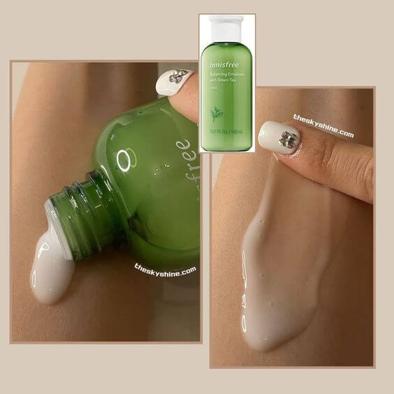 Innisfree Balancing Emulsion Review Oil skin 1. Texture & Absorbs & Scent Innisfree green tea moisture balancing emulsion is a water-like liquid that applies smoothly with a mattifying finishes. 