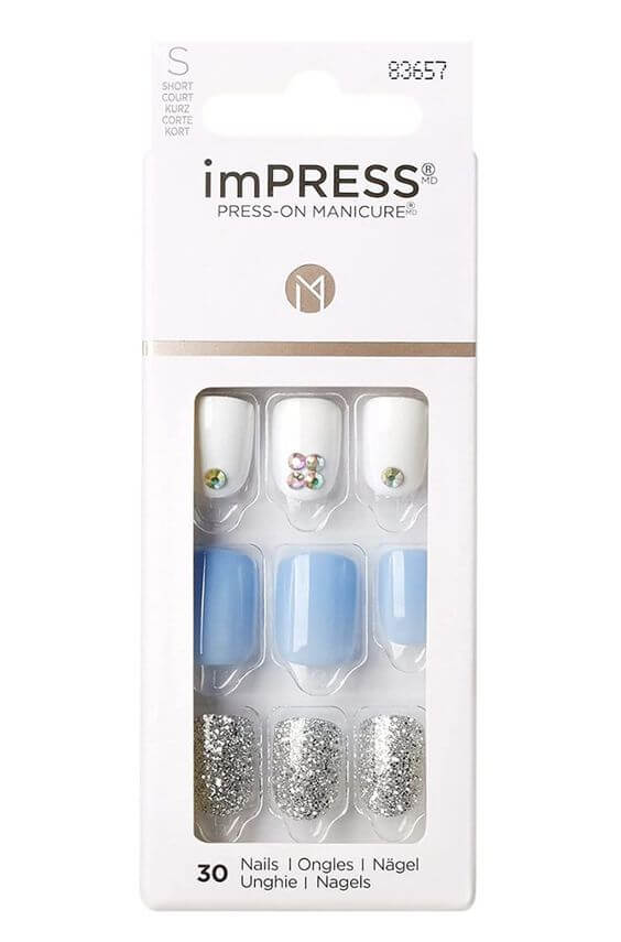 11 Blue Short Nail Designs: Fake Nails & Nail Strips 1. Press-On Nails Light blue, white, silver nails Kiss imPRESS Nail (83657) is a stylish, short square nail shape that goes well with every look of the season.