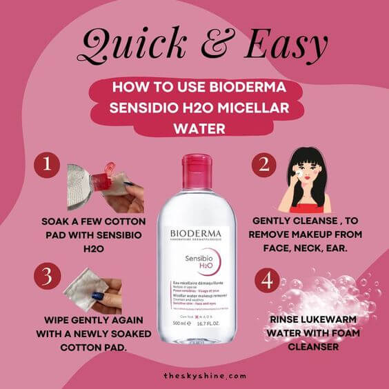 Bioderma Sensidio H2o Micellar Water Review 2. How to use STEP 1. Soak a few cotton pad with Sensibio H2O.
STEP 2. Gently cleanse, to remove makeup from face, neck, ear.
STEP 3. Wipe gently again with a newly soaked cotton pad.  STEP 4. Rinse lukewarm water with foam cleanser
