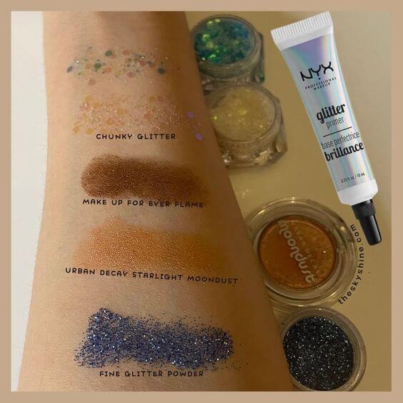 nyx glitter primer review 2. How to use, Apply NYX Professional Makeup Glitter Primer with fingertips, and use a brush or fingertips to add glitter product (fine glitter powder, glitter pressed eyeshadow, chunky glitter)  onto desired area. Lastly, spray the makeup setting spray. 