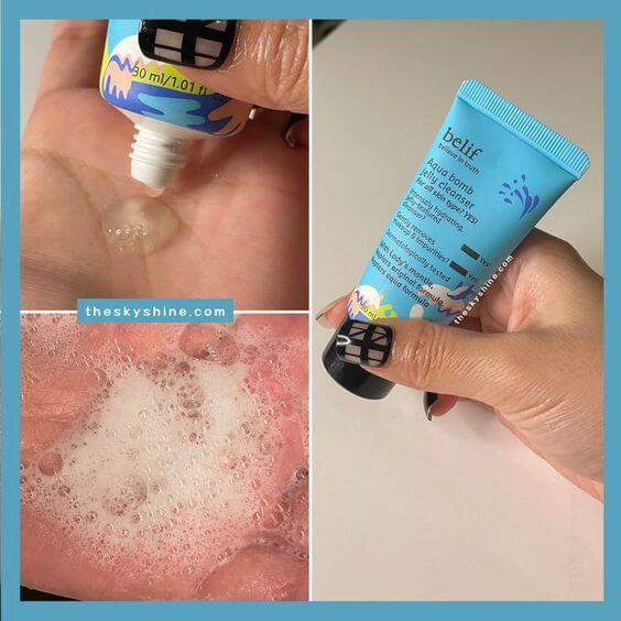 Belif Aqua Bomb Jelly Cleanser Review 3. How to use  Take a penny-size amount of the product in your palm and lather with water. Massage over the face and rinse with water.