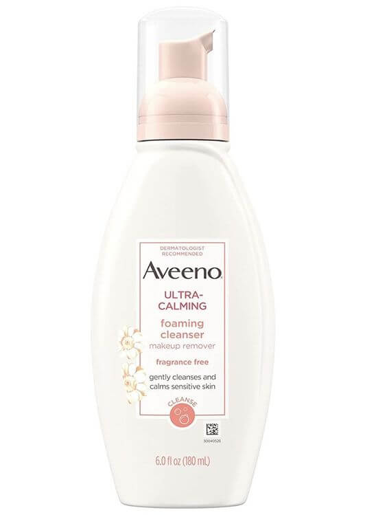 Best 4 Foam Cleanser For Dry & Sensitive Skin, Aveeno Ultra-Calming Foaming Cleanser, Calming Feverfew extract, an ingredient related to Chamomile to help visibly reduce the appearance of redness and calm irritated, dry and sensitive skin.