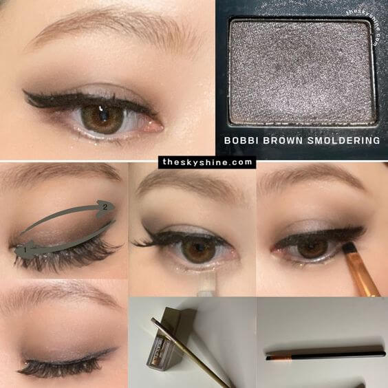 Eyeshadow: Bobbi Brown Smoldering Review 2. How to use Simple Dark Gray eye makeup To create a natural dark gray shade on eyelid apply with fingertips. And using a small amount of glitter under eyes makes your eyes look bigger and not too dark.