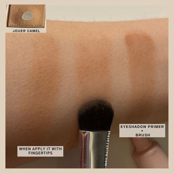 Eyeshadow: Jouer Camel Review & Swatches 1. Color, It is a warm peachy brown with a matte finish. It applies very smoothly and blends well. 