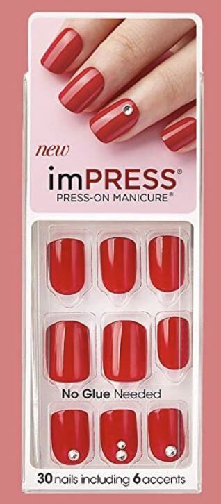 The 10 Best Red Press-On Nails Short KISS imPRESS’s press-on red nails are red with rhinestones design, and it has a more feminine and lovely look