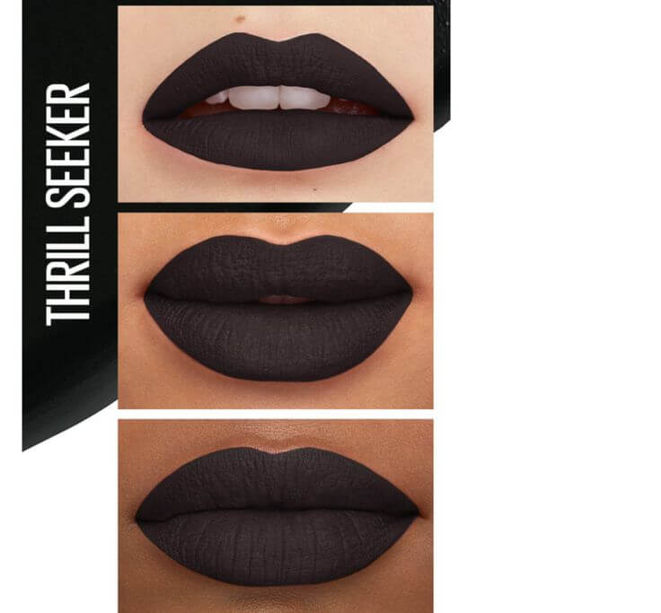 Top 3 Waterproof Black Lipsticks for Halloween Maybelline’s Thrill Seeker is a black shade that delivers a weightless feel with high-impact color. The precision wand makes it easy to apply, and the formula is both long-lasting and waterproof.
Maybelline New York SuperStay Matte Ink Liquid Lipstick in Thrill Seeker