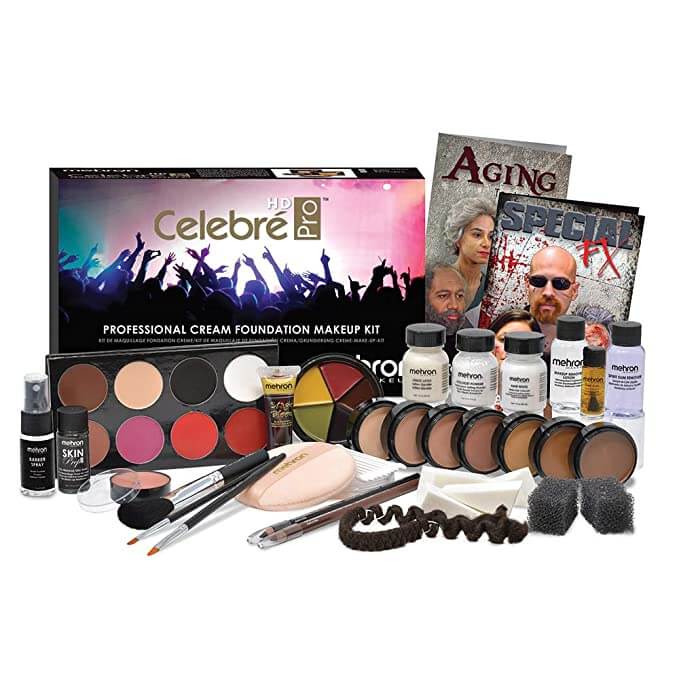 13 Best Halloween Makeup Palette Set 5. Makeup Cosplay set Mehron 30 piece makeup kit: includes stage blood, bruise wheel, wax, spirit gum, latex, crepe hair, 4 cream perfect for highlighting and contouring, 4 lip and cheek colors, brushes, sponges, skin prep, setting spray, and setting powder.