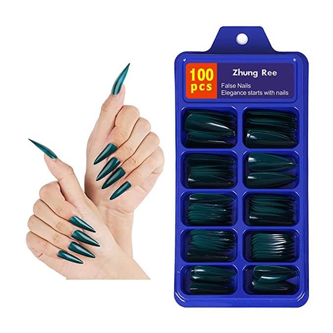 10 Best Long Spooky Nails Press on Dark Green Stiletto Fake Nails