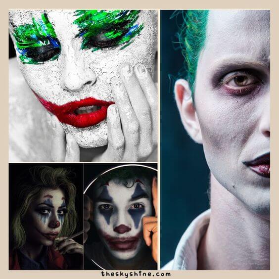 19 Best Halloween Joker Costume Idea: Makeup, Hair, Suit 1. Joker Makeup  After applying white face cream on face with brush or sponge, apply black face cream or black, aubergine, blue, green eyeshadow around eyes, and then create lips that are torn on both sides with bright red