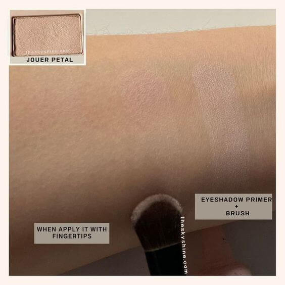 Eyeshadow: Jouer Petal Review & Swatches 1. Color Jouer Petal eyeshadow has a matte finish with a warm tone of neutral light pink. 