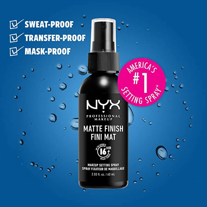 Which NYX Makeup Setting Spray Is Right for You?  the NYX Matte Finish Setting Spray offers a reduce shine and super matte finish. It helps control oil in any environment. If you have oily skin or prefer a matte look, this setting spray is the best choice. Also, It helps to prevent makeup from being erased by sweat and water, and also prevents it from getting on the mask.