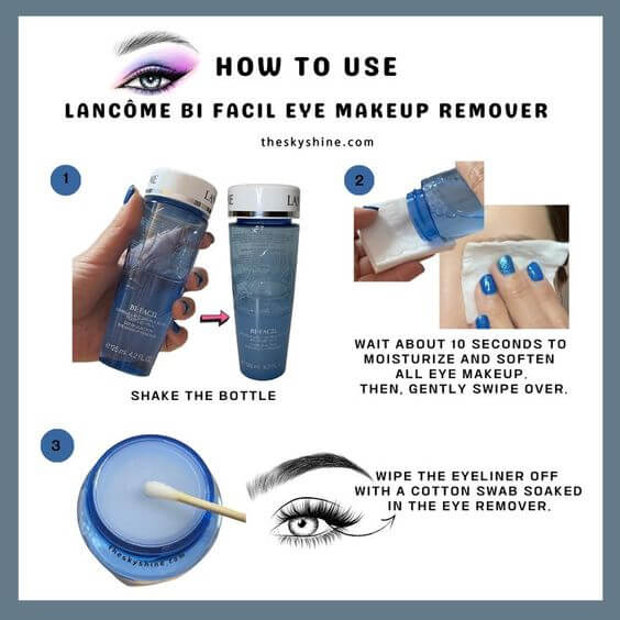 Lancôme bi facil eye makeup remover Review 2. How to use After shaking the bottle, gently wipe the makeup around the eyes and eyebrows with a cotton swab and gently wipe away the eye remover or residue remaining on the mucous membrane around the eyes with wet cotton swabs. 