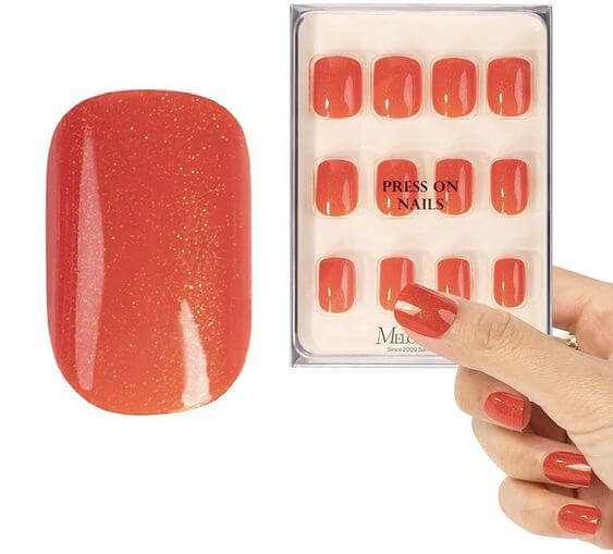 The 10 Best Red Press-On Nails Short Red Press-On Short Nails MelodySusie Press on Nails Red are natural look with a glitter finish. Red with orange can look softer and warmer. 