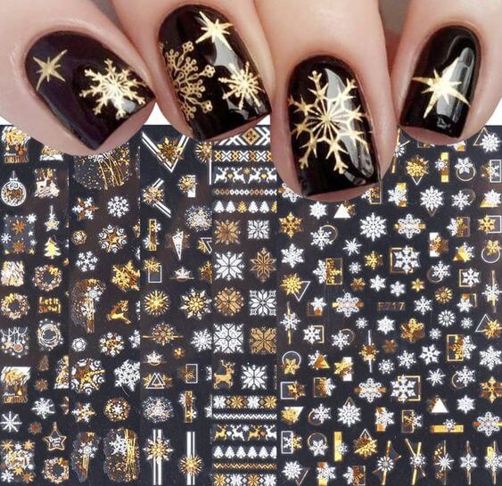 The 10 Best Christmas Press-On Nails & Nail Decoration for Short Nails 2. Christmas Nail Art Stickers  Metal Gold Stickers Qdsuh Christmas Metal Gold Snowflake Nail Stickers has 8 sheets include Santa Claus, Christmas elk, snowflakes, Snowman, Christmas canes, Christmas trees and other Christmas elements. 