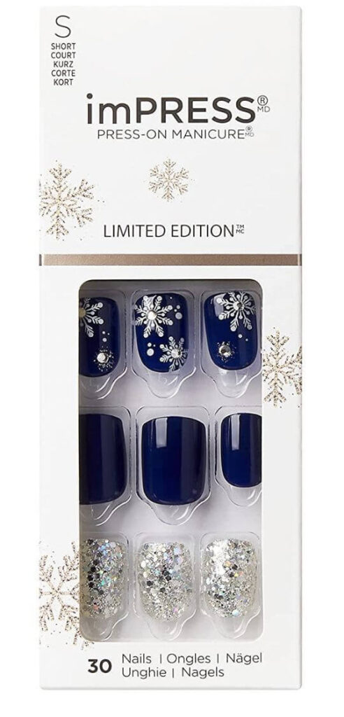 11 Blue Short Nail Designs: Fake Nails & Nail Strips 1. Press-On Nails  Snowflakes blue and silver nails f you use the above product for snowflake nails, you can finish it in about 10 minutes. When you do dark nails, it may look cleaner if you organize the cuticles first.