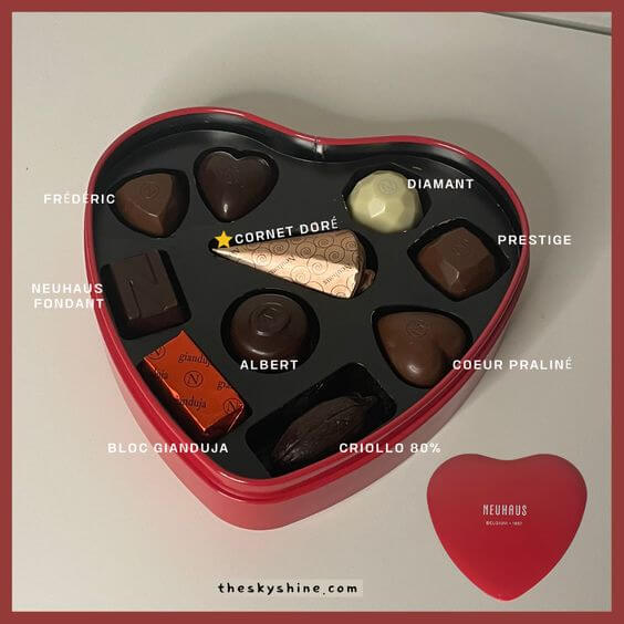 Neuhaus RED METAL HEART BOX Review 1. Taste & Texture This cute tin heart is filled with Belgium chocolates, the perfect mix of milk, dark and white chocolate contains 10 timeless Neuhaus chocolates in various shapes and flavors.