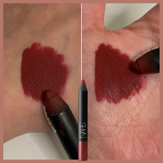 Nars Velvet Matte Lip Pencil Damned Review 1. Color & Scent  Nars Lip Pencil Damned a warm rich magenta color and applies moistly and has a matte finish. And it's a full coverage product. The scent is lightly fruity. 