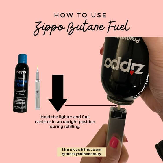 Zippo Butane Fuel Review 2. How to Use Zippo Butane Fuel
Using Zippo Butane Fuel is super easy. Importantly, Be sure to hold the lighter and fuel canister in an upright position during the refill process. This is because residue fuel flows around the side if you fill it without standing it upright.