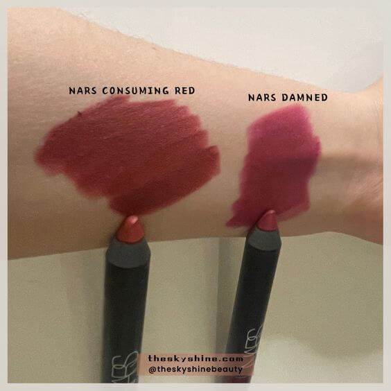 Nars Consuming Red Vs Nars Damned Lip Pencil: Which One is Right for You? 2. Which is Best for Your Skin Tone?  Nars Consumer Red if you're fair skin tone for a bold and bright look. And Nars Damned to medium, medium dark, deep skin tone. However, both can be drying on the lips, so be sure to moisturize beforehand.