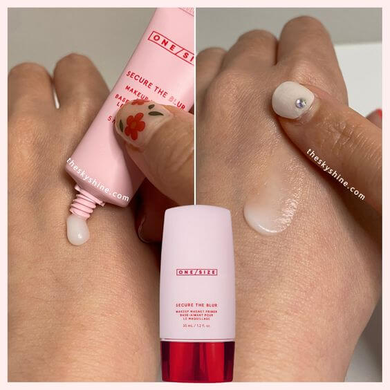 One Size Secure The Blur Makeup Magnet Primer Review 1. Color & Texture It applies smoothly like a watery lotion, lightweight and immediately finishes matte. And the hydrated provides up to 6 hours. Also, it creates to blur large pores and controlling shine and make your skin soft and smooth about 6 hours.