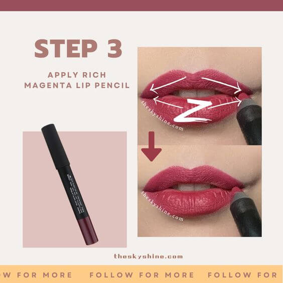 How to Create a Bold Rich Magenta Lip: A Step-by-Step Tutorial Step 3: Apply Rich Magenta Lip Pencil Apply the lipstick to your lips, starting from the center and working your way to the corners.