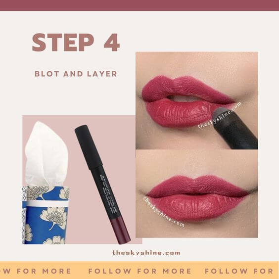 How to Create a Bold Rich Magenta Lip: A Step-by-Step Tutorial Step 4: Blot and Layer To make a bold and rich magenta lip, you need to layer the lip pencil. First, Nars lip pencil damned is a matte and non-greasy product, so if you layer it several times, you can easily complete bold lips.