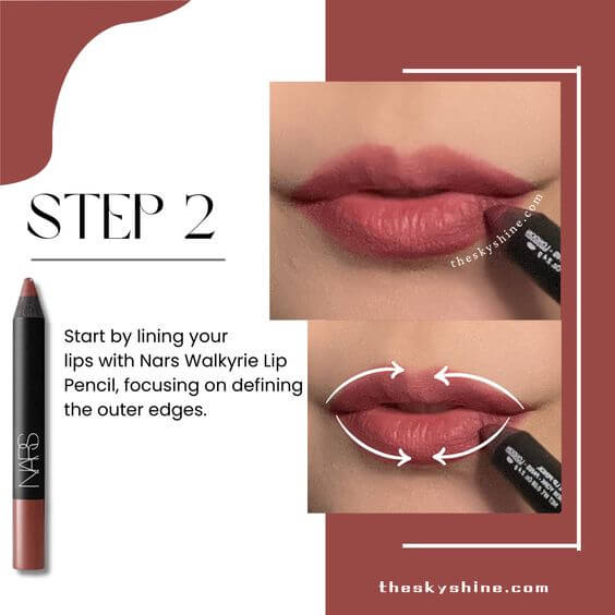 Mastering the Art of Blending: Creating a Seamless Ombre Rose Brown Lip Effect Step 2: Outlining with Walkyrie Lip Pencil Start by lining your lips with Nars Walkyrie Lip Pencil, focusing on defining the outer edges.